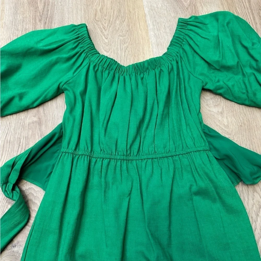 VICI SkyLar Rose Kelly Green Linen Balloon Sleeve Mini Dress size XS